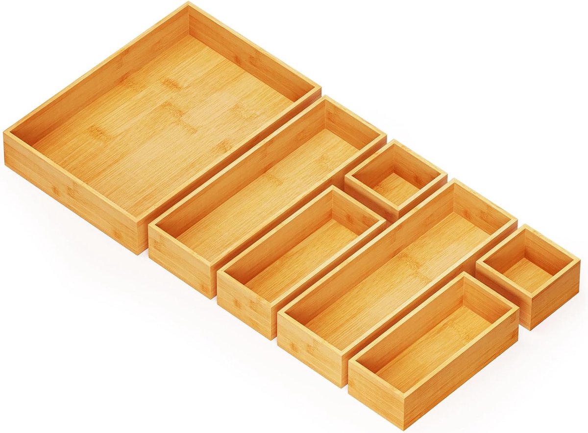 SpaceAid 7-delige Bamboe Opbergbakken voor Lades - Natuurlijk, Voor Keuken & Bureau