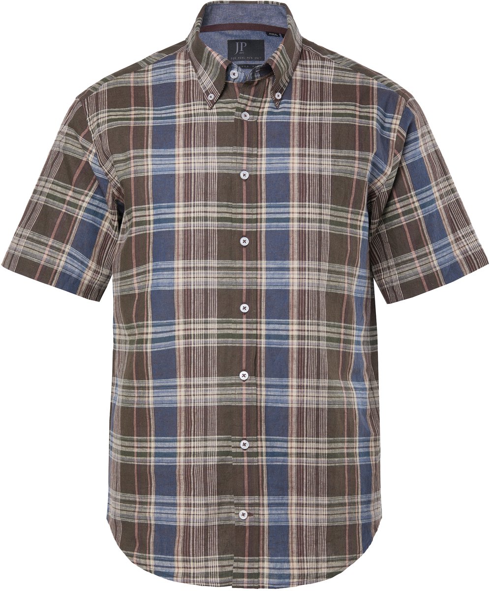 JP 1880 - Heren - Geruit overhemd korte mouwen linnenmix buttondown kraag - Donkerbruin - Maat 3XL