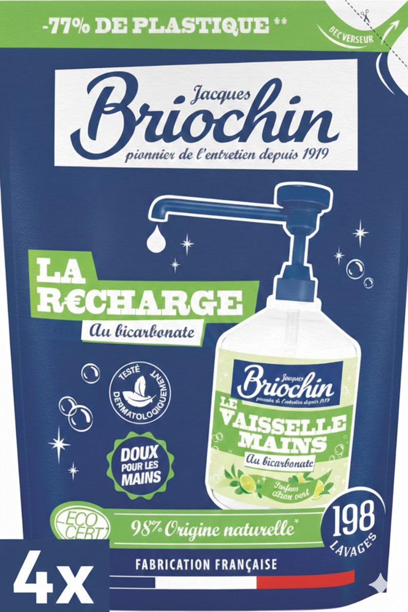 4 x Jacques Briochin Handzeep Navulling met Bicarbonaat 450 ml – Doux pour les Mains – 98% Ingrediënten van Natuurlijke Oorsprong