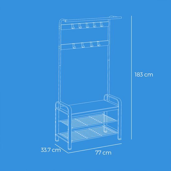 Schematisch overzicht van een witte kapstok met houten zitting en 2 schoenenrekken. Afmetingen 77x33,7x183 cm.