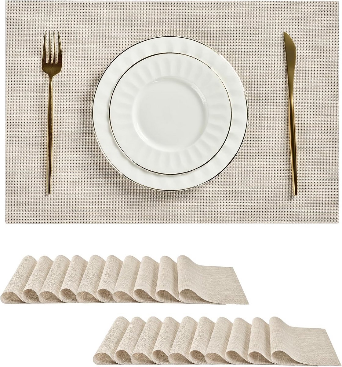 Set van 20 Placemats Beige Wit - Hittebestendig & Antislip Tafelmatten PVC Vinyl Geweven
