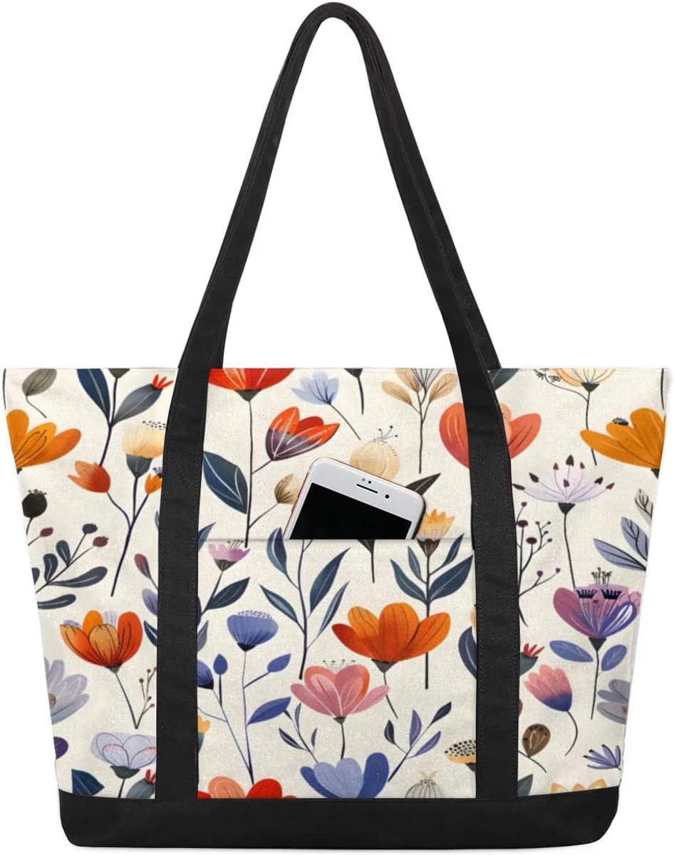 Grote Canvas Tote Bag met Bloemendruk en Ritssluiting