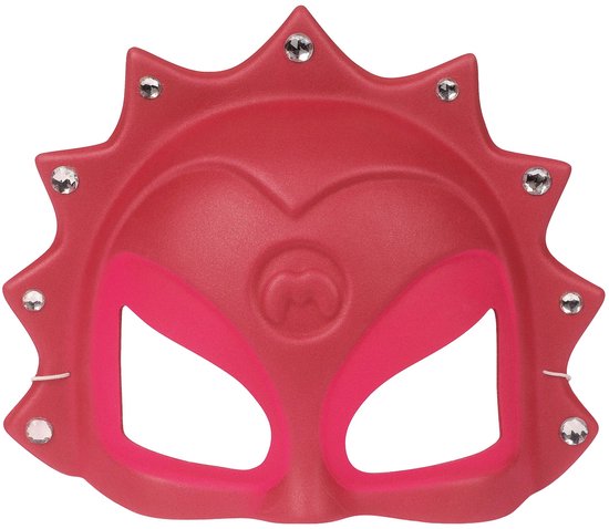 Rode kartonnen masker met roze accenten en zilveren strass-steentjes.
