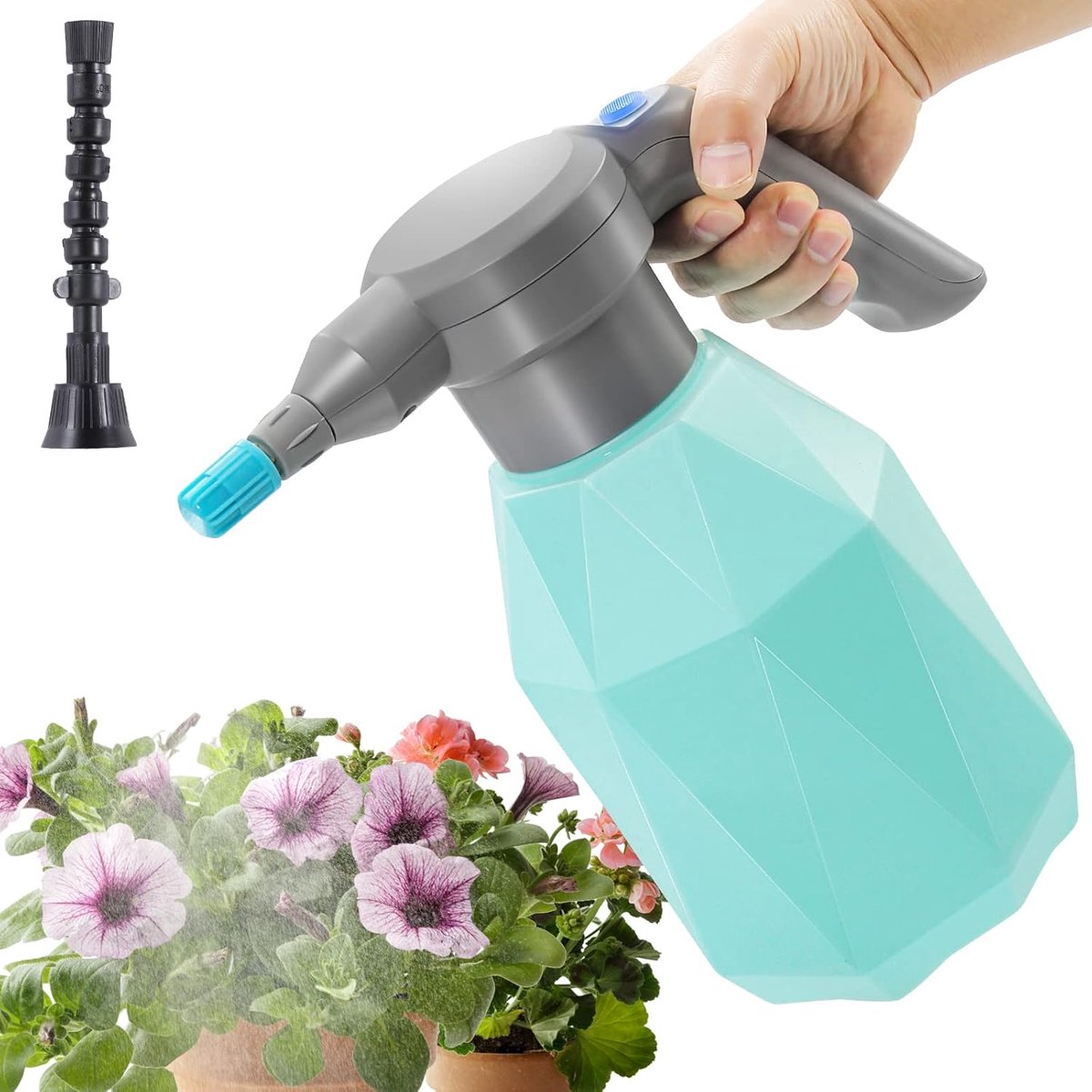 Elektrische sproeifles - Geschikt voor binnen- en buitenplanten - Automatische gieter van 2 liter - Werkt op oplaadbare batterij - Met verstelbare sproeikop - Geschikt voor tuinieren, bemesten en schoonmaken - Blauw