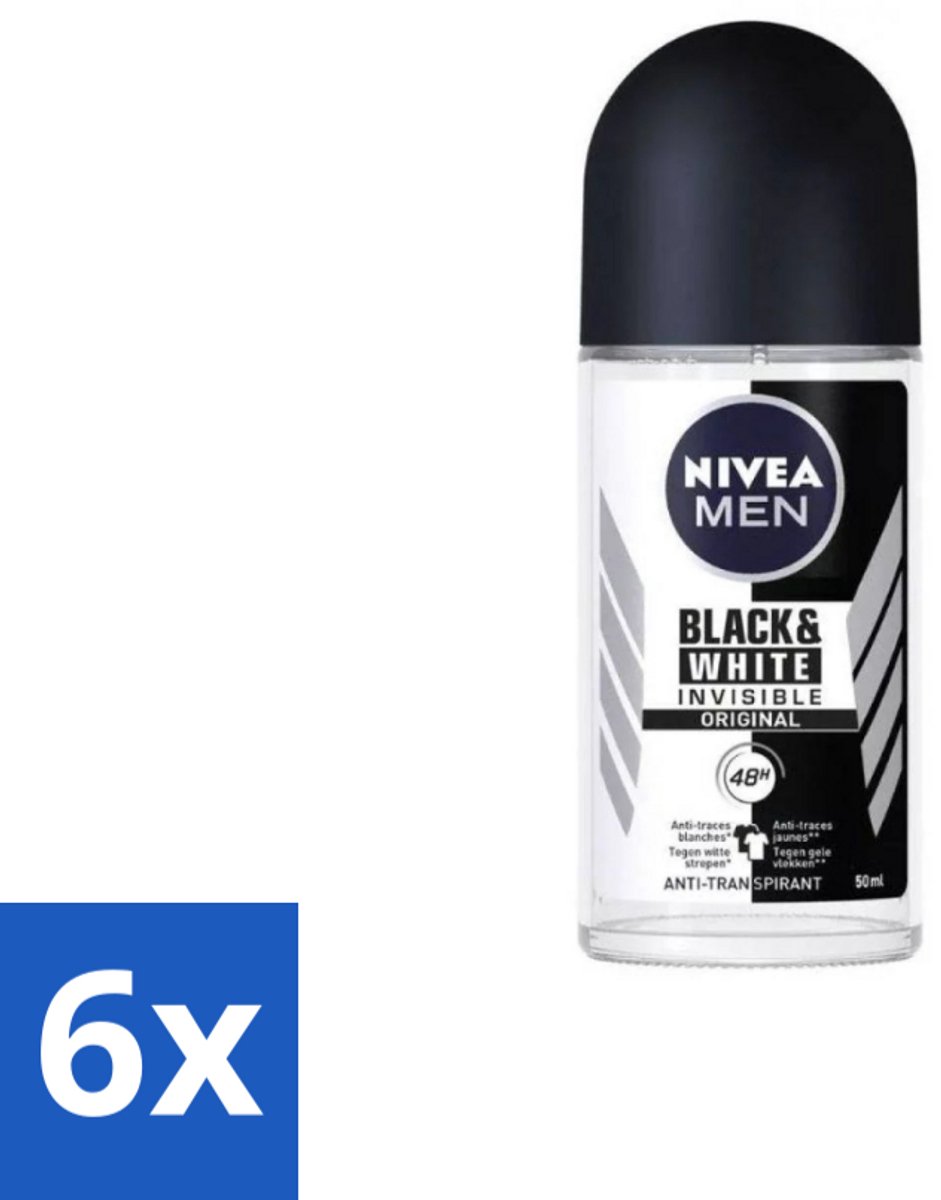 Nivea Men – Deodorant Roller – Invisible for Black & White – 50 ml - Voordeelverpakking - 6 stuks