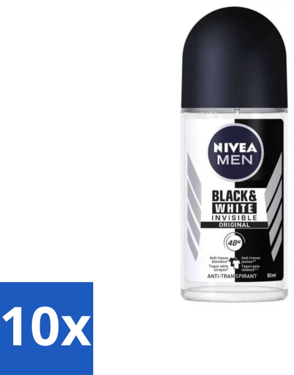 Nivea Men – Deodorant Roller – Invisible for Black & White – 50 ml - Bulkverpakking - 10 stuks
