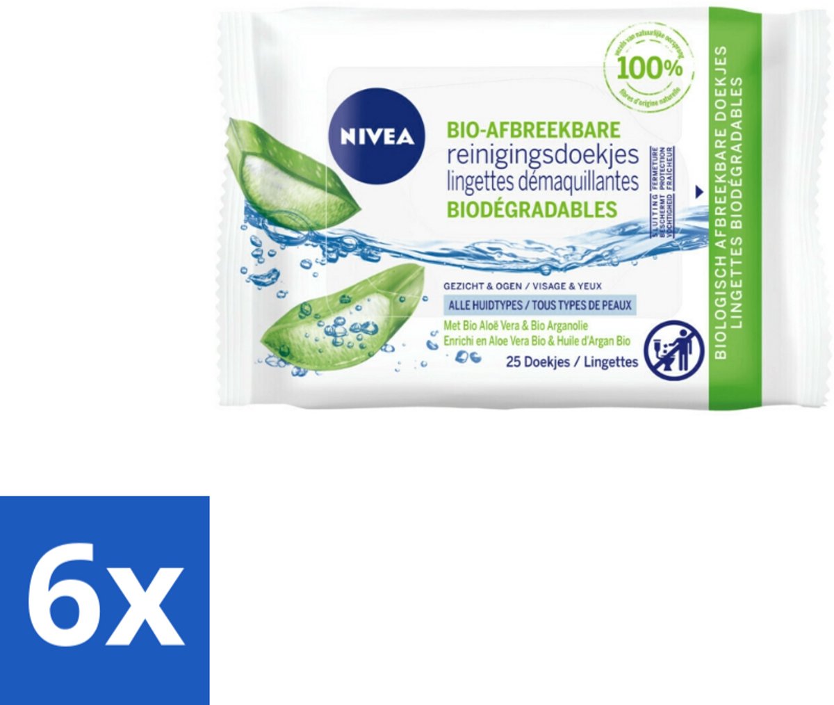 Nivea – Reinigingsdoekjes – Bio Aloe Vera – 25 Doekjes - Voordeelverpakking - 6 stuks