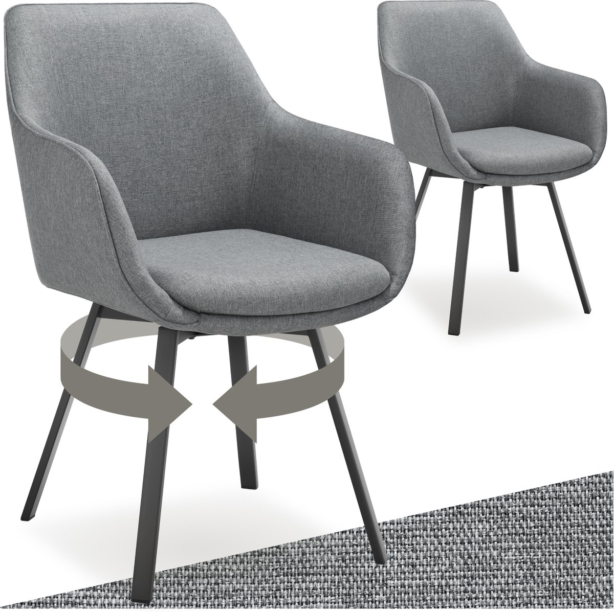tectake® Draaibare eetkamerstoel Alicon - Gestoffeerd - Stijl en comfort in één - Eetkamerstoel - Bureaustoel - Woonkamerstoel - Fauteuil - Set van 2 - Antraciet