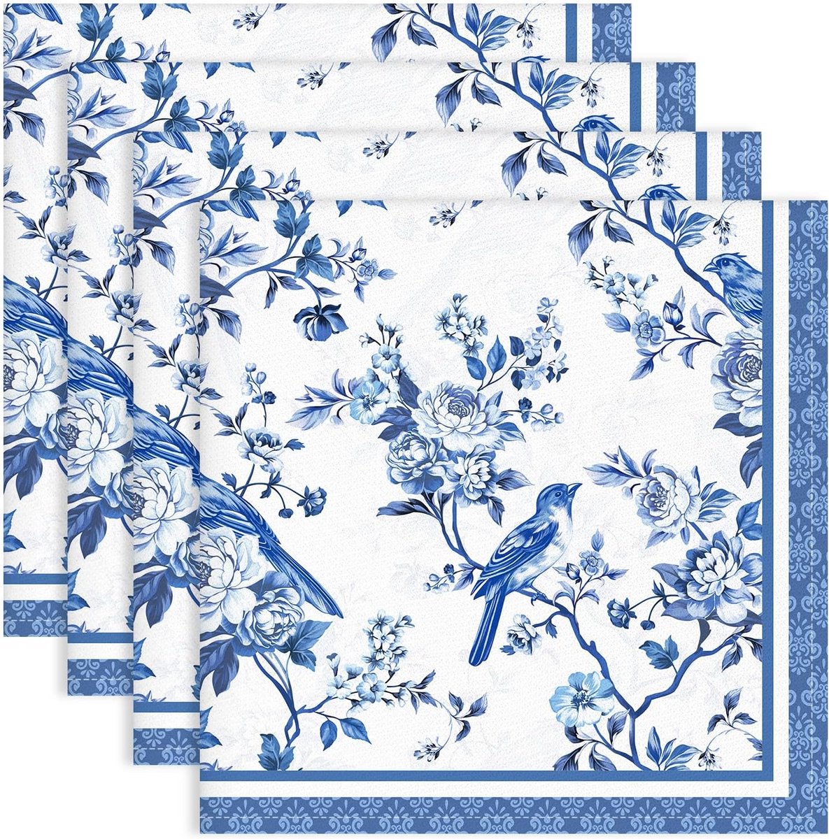 Set van 4 Katoenen Servetten Blauwe Tak 45x45 cm, Wasbaar en Absorbend