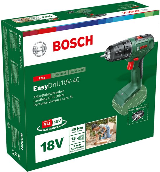 Doos van Bosch EasyDrill 18V-40 accuboormachine. Groen met afbeelding van de machine en specificaties.