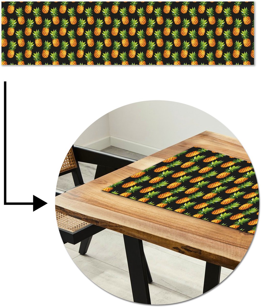 Tafelloper 200x50 cm - Tafelmat vinyl Tropische - Ananas - Zwart - Tafeldecoratie - Tafelversiering - Keuken decoratie - Tafel versiering