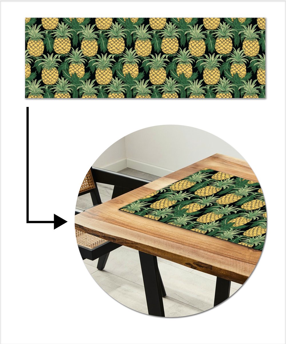 Tafelloper 150x50 cm - Tafelmat vinyl Patroon - Tropisch - Ananas - Illustratie - Tafeldecoratie - Tafelversiering - Keuken decoratie - Tafel versiering
