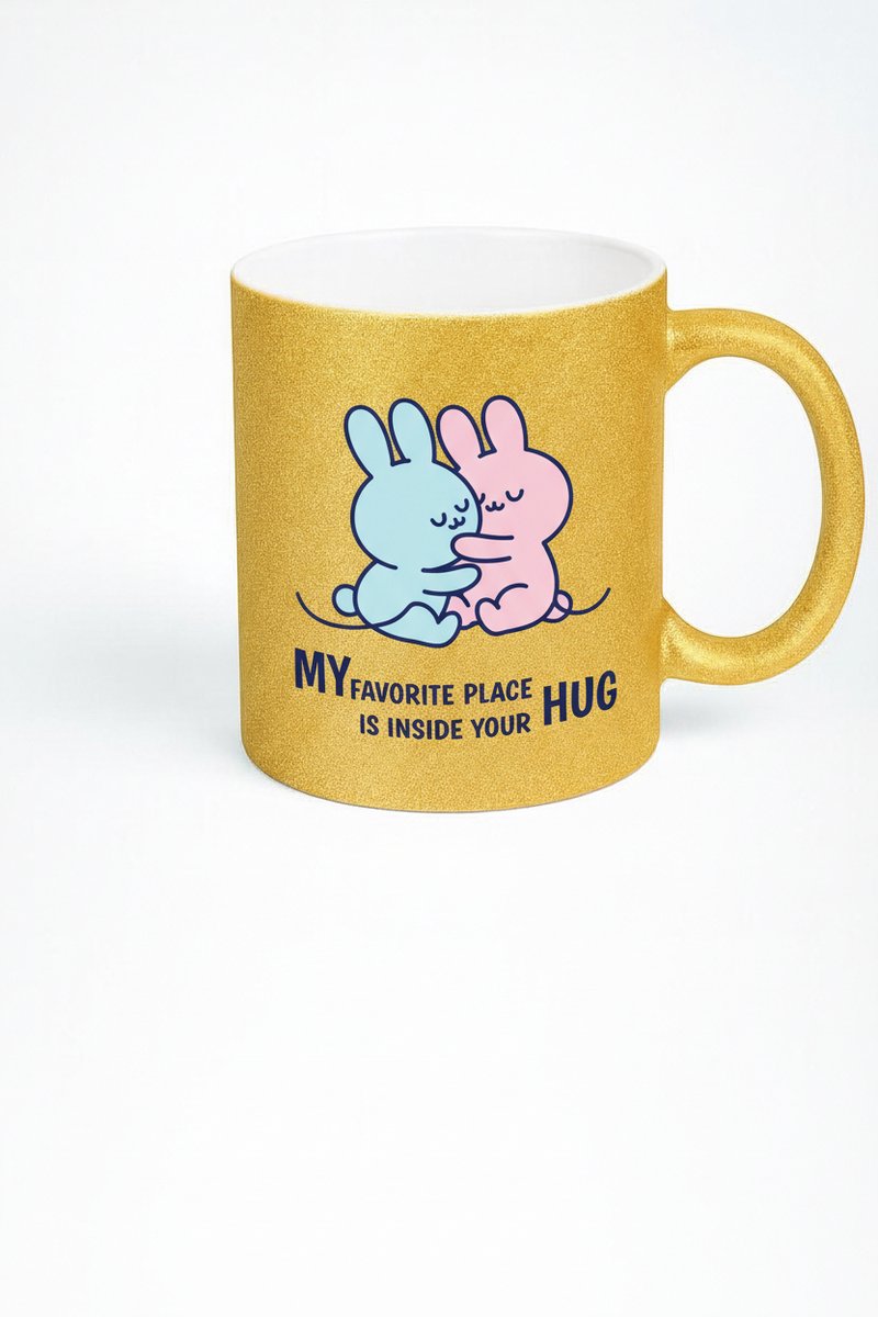 Gouden Glitter Mok 'My Favorite Place Is Inside Your Hug' met Knuffelende Konijntjes