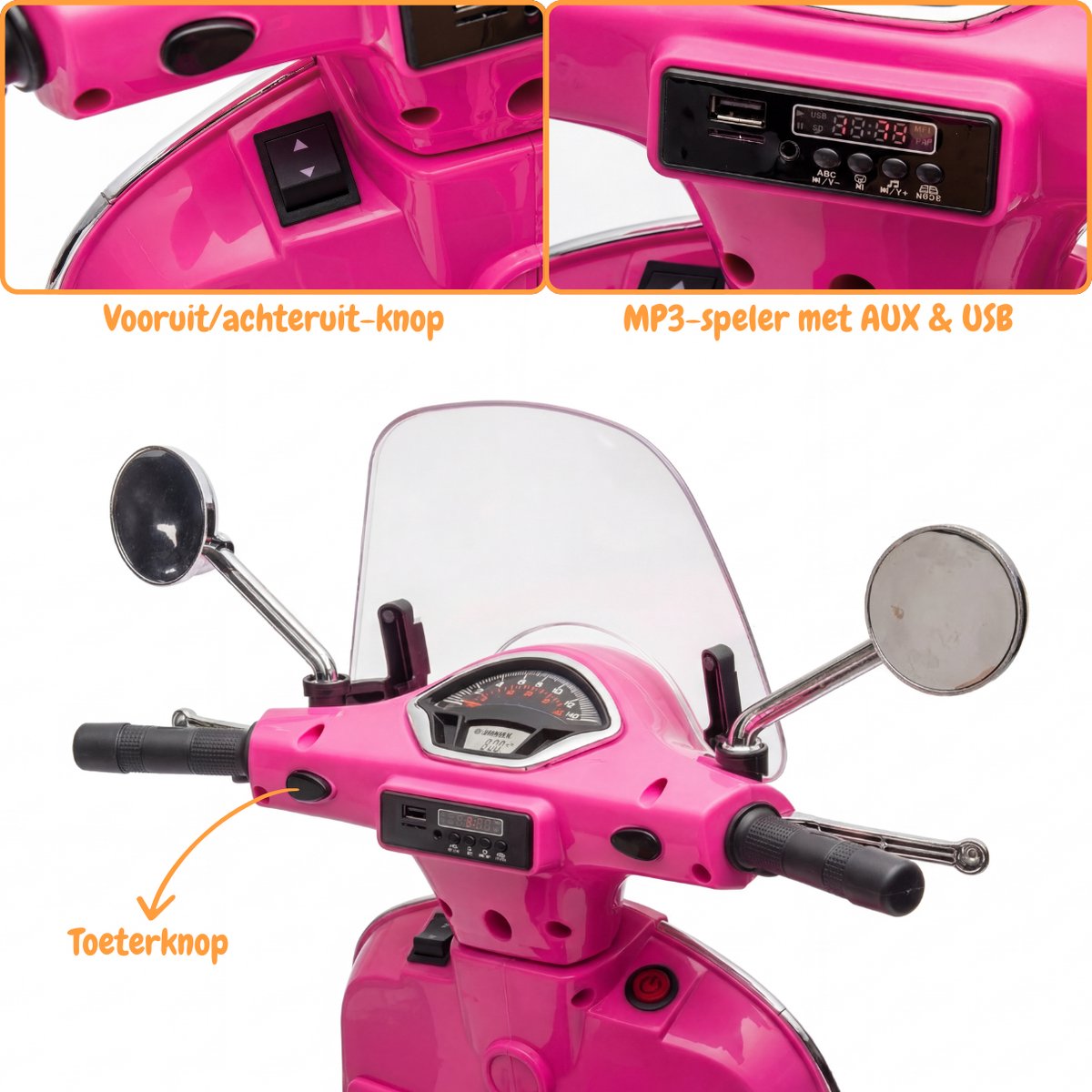 Vespa GT Full Option Elektrische Kinderscooter 3 tot 6 jaar – Officieel Gelicentieerde Kinder Vespa met Kofferbak & Verwijderbare Zijwieltjes – Li-ion Kindermotor met Kunstlederen Zitje, MP3 AUX & USB – Roze — afbeelding 8