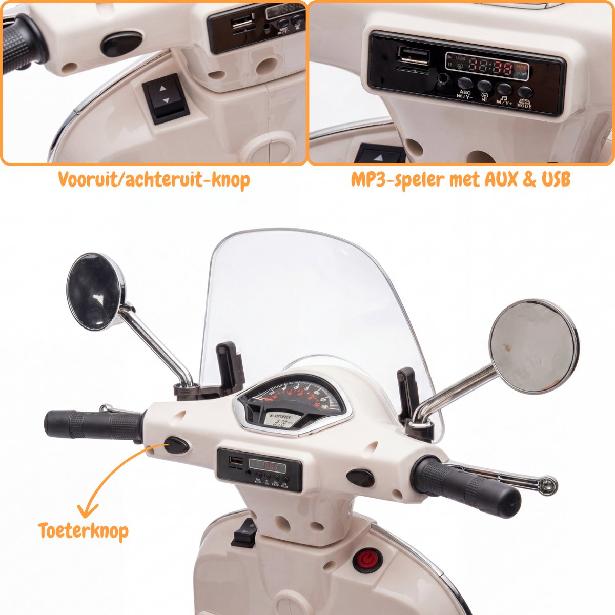 Vespa GT Full Option Elektrische Kinderscooter 3 tot 6 jaar – Officieel Gelicentieerde Kinder Vespa met Kofferbak & Verwijderbare Zijwieltjes – Li-ion Kindermotor met Kunstlederen Zitje, MP3 AUX & USB – Wit — afbeelding 10