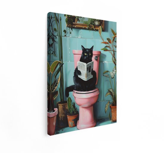 Artaza Canvas Schilderij Zwarte Kat - 60x80 cm - Wanddecoratie Toilet - Muurdecoratie Wc - Decoratie Kat Krant - Roze
