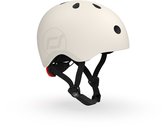 Crèmekleurige helm met logo, zwarte bandjes en een rood led-achterlicht.
