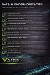 Infographic met was- en onderhoudstips voor Vynix Ballers scheenbeschermers.