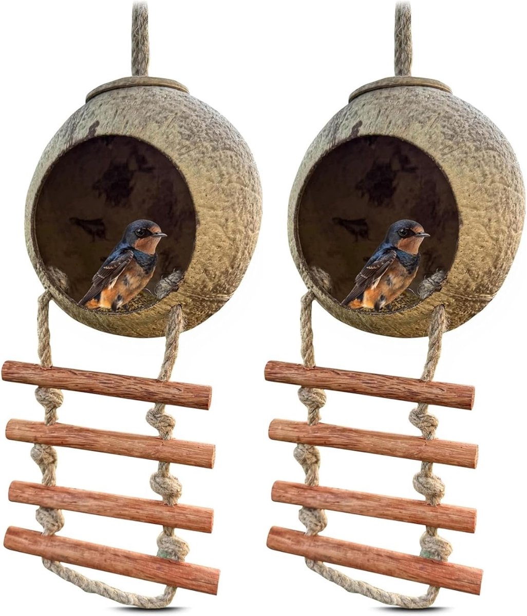 Famanu – Natuurlijk - Inclusief Houten Trapje - Voederhuisje Hangend - Vogelhuisje - Voederhuisje Voor Vogels - 2 Stuks 100%