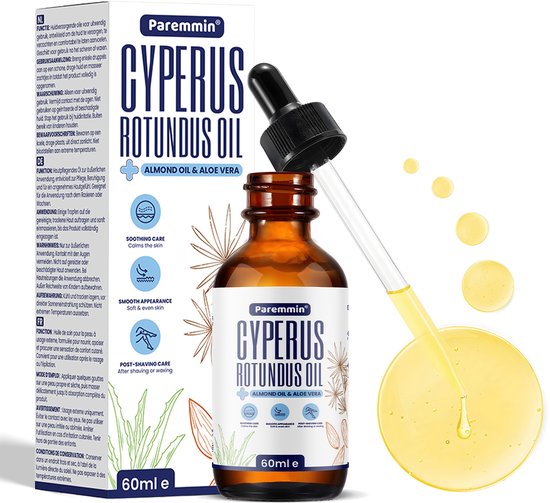 Paremmin Cyperus Rotundus Oil met amandelolie en aloë vera in een glazen flesje met druppelaar.