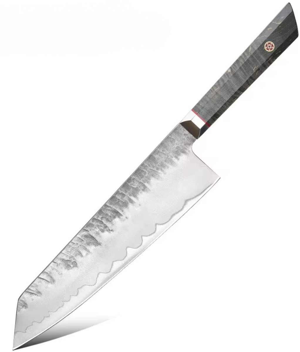 KAAMUT® Kiritsuke Mes 22 cm 3 Lagen Damaststaal – Kern van 10Cr15CoMoV Staal – Vlijmscherp – Professioneel Koksmes – Burlhout Handvat