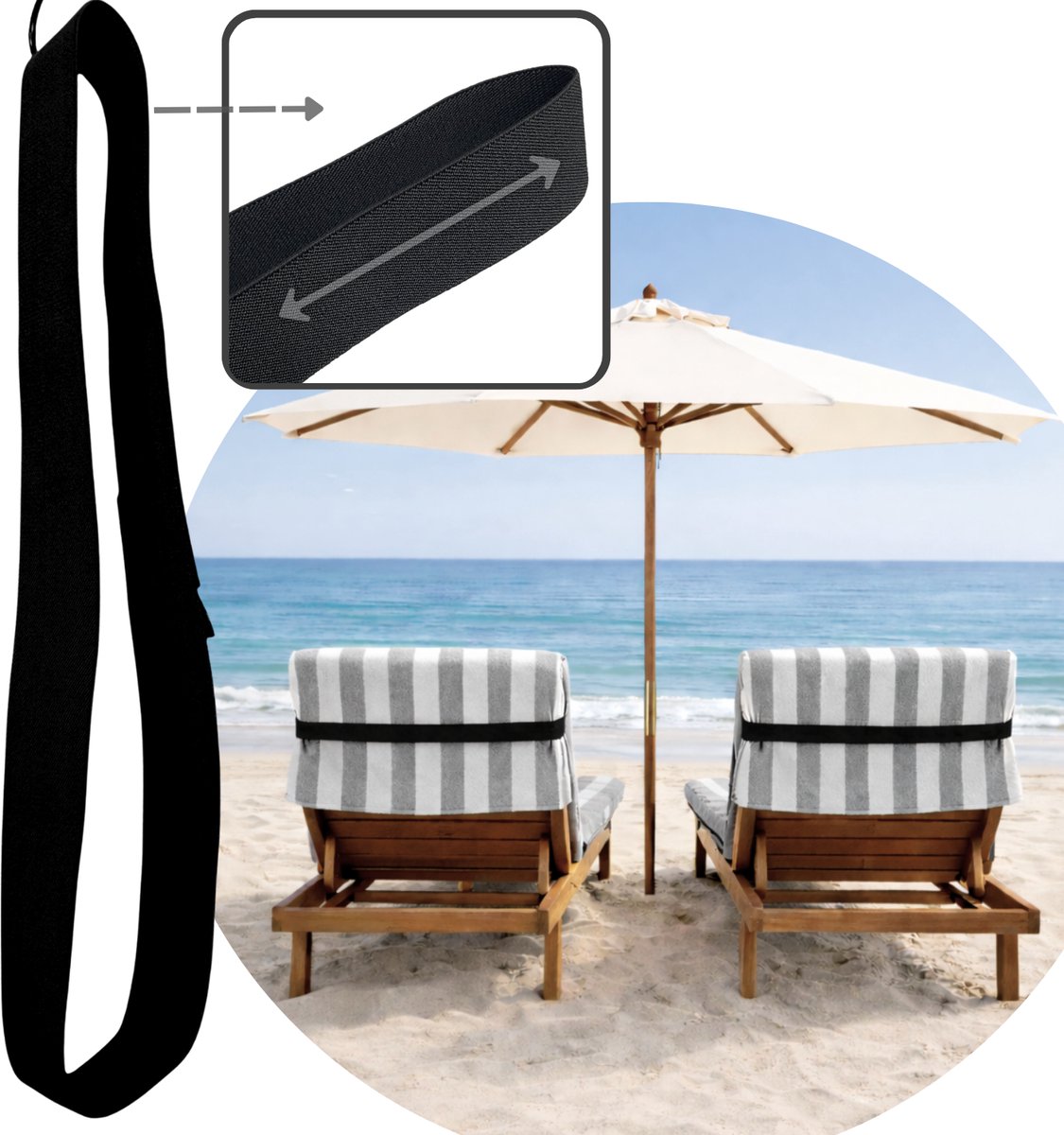 Hoya living - Strand handdoek Elastiek Band Ligbed - Zwart - rekbaar 45-70 cm - strandbed elastiek - strandhanddoekbanden