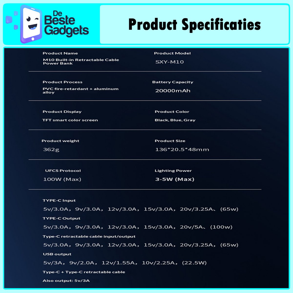 De Powerbank 20000mAh met Uittrekbare USB-C Kabel - afbeelding 2