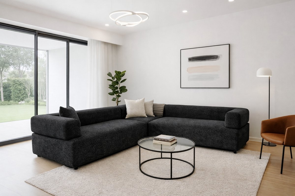 Royale U-Vormige Hoekbank – Matras King - Black Textiel – Extra Diepe Zitting – 3-Delige Loungebank – Moderne Bank voor Woonkamer