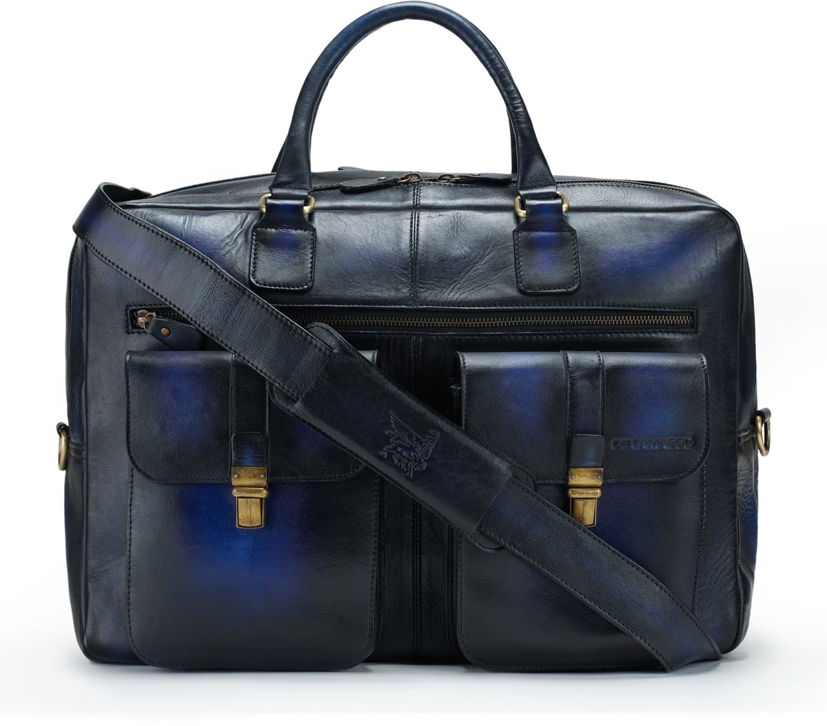 DE LAMASSU® ( Kian ) leren laptoptas 17 inch – unisex XL business tas met trolleyband, 2 voorvakken & schouderriem – grote leren aktetas voor kantoor, werk en reizen