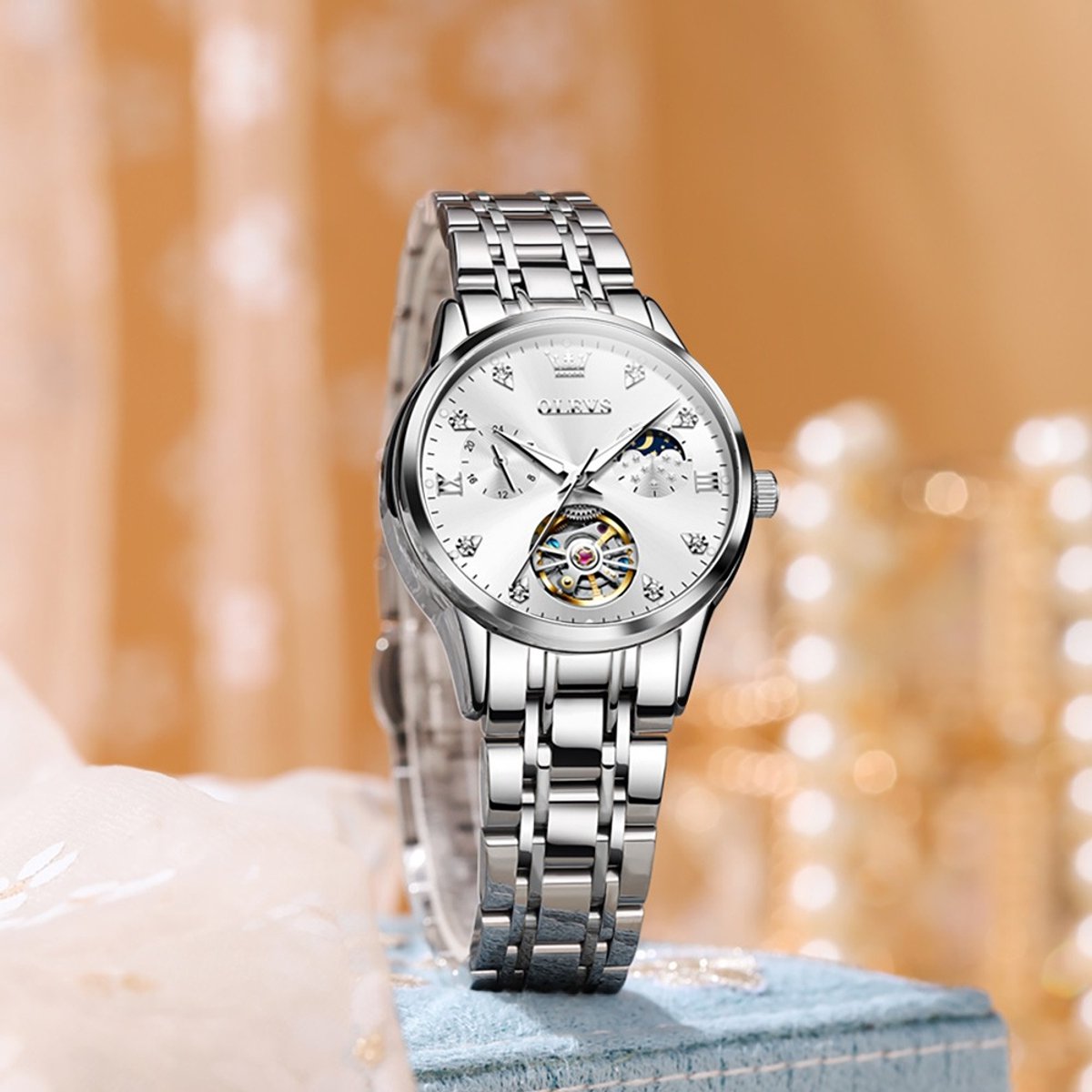 HO-6608L.z : Olevs dames zilverkl tourbillon-mechanisch edelstaal elegant Polshorloge, luminiscerend, skeleton secondenwiel, diamantzirkonia