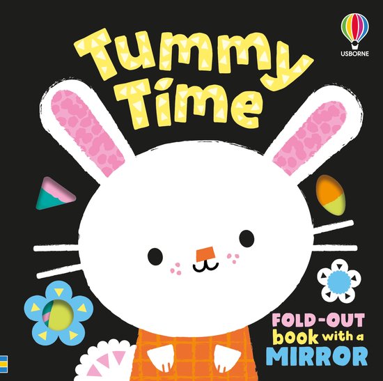 Witte konijn met grote roze oren en oranje vestje. "TUMMY TIME. FOLD-OUT BOOK WITH A MIRROR."