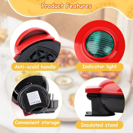 Mini Wafelijzer Hartvorm - Compacte Wafelmaker met Antiaanbaklaag - Belgische Wafels - Geschikt voor Ontbijt, Kinderfeestjes & Feestdagen — afbeelding 3