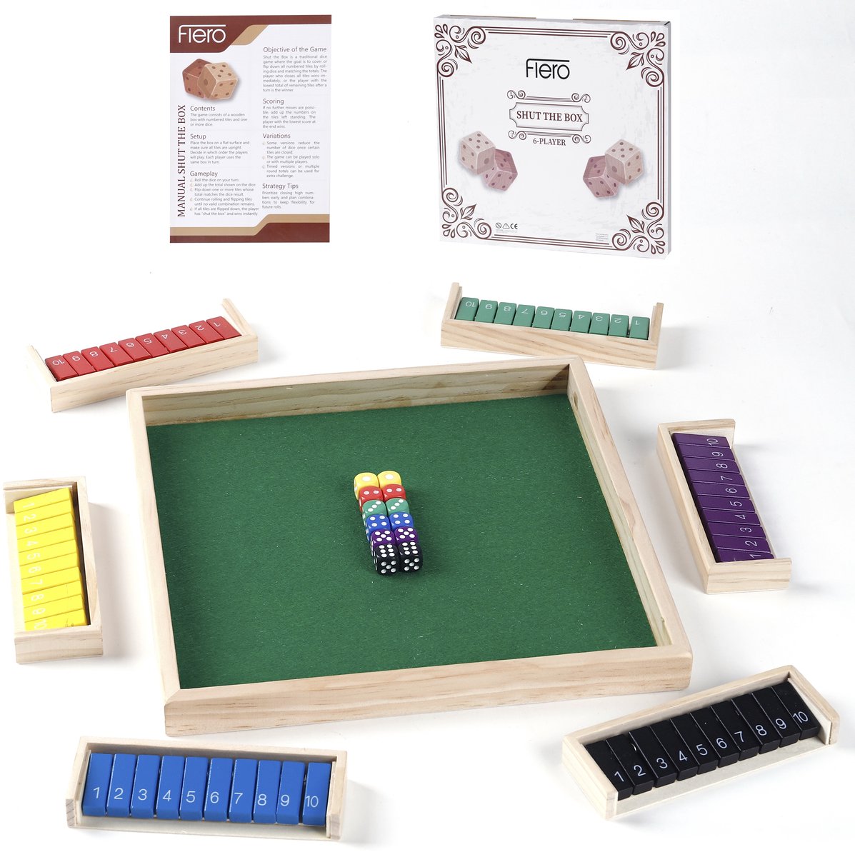 Flero Shut The Box, Houten Dobbelspel, Klepspel - 6 Spelers Modulair Familie Bordspel met 6 Losse Gekleurde Klepjesrijen en 12 Dobbelstenen - Montessori Tactiek- en Rekenspel voor Grote Groepen, Klassen en Feestjes vanaf 3 Jaar