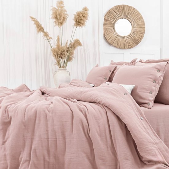 Dekbedovertrek, 4-laags Mousseline, 100% Katoen, Tweepersoons, 200x220 cm, Inclusief Hoeslaken & 2 stuks Kussenslopen 60x70 cm, Roze, Knoppen van Kokosnoot, Ademend & Comfortabel, Dekbedovertrekset, Hoge Kwaliteit, Dekbedovertrekken, De Linde Home van Merkloos — afbeelding 3