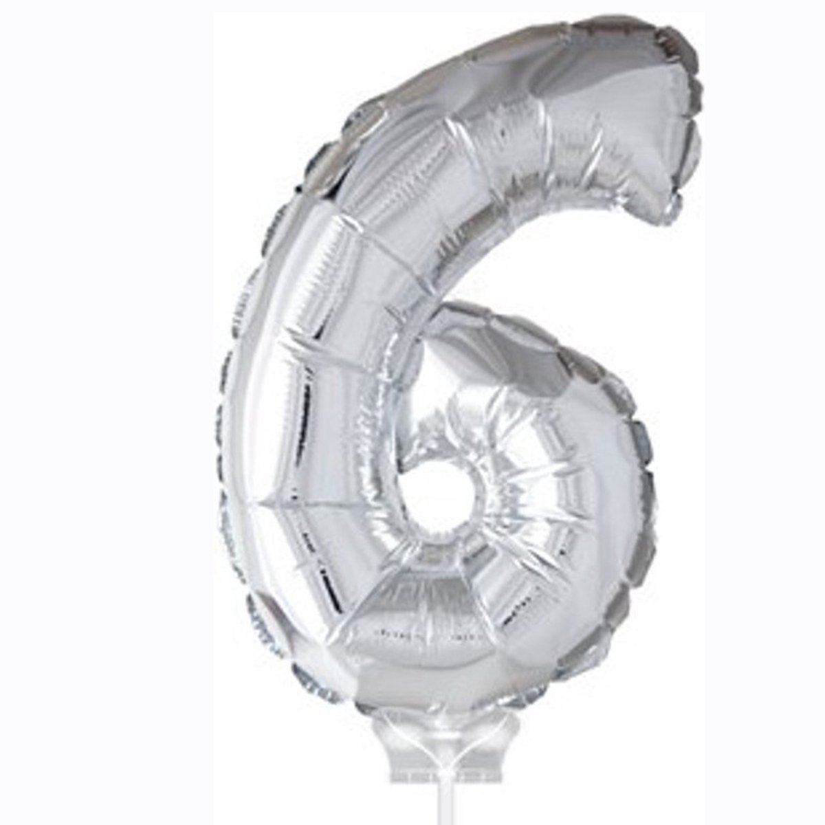 Cijferballon op stokje XL 40cm - Taart ballon - Cijfer 6 - Zilver