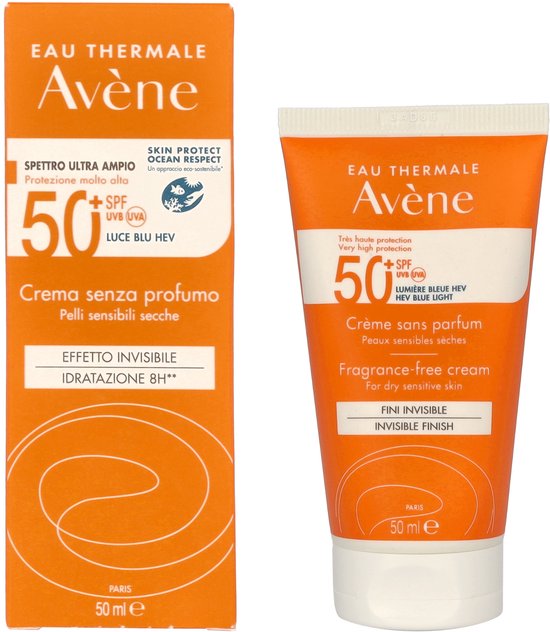 Avène zonnebrandcrème 50ml met doos, oranje verpakking, "Crema senza profumo, Pelli sensibili secche" en "Effetto invisibile, Idratation 8h".