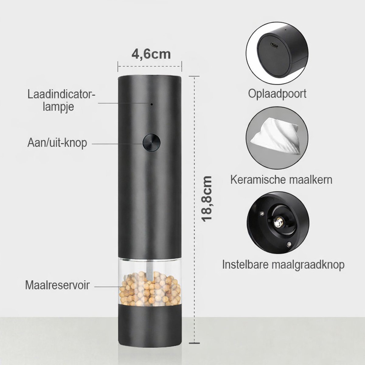 Rivv® Elektrische Zout- en Pepermolen Set - USB-C Oplaadbaar - Automatisch - Instelbare Maalgraad - Inclusief Houder en Reinigingsborstel - Zwart — cadeau in Kookcadeaus - foto 4