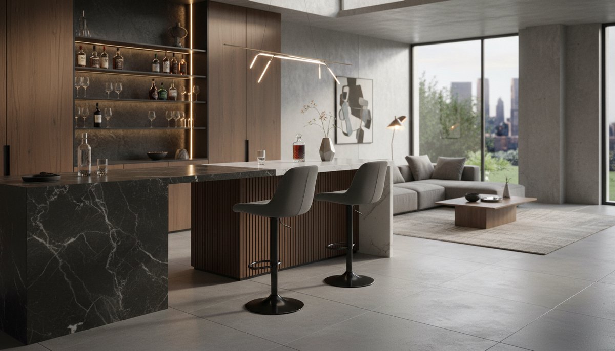Barkruk Set van 4 – House&Garden Elite Draaibare Barkrukken met Rugleuning – In Hoogte Verstelbaar 55-75 cm – 360° Draaibaar – PU Kunstleer – Donkergrijs – Moderne Barstoelen voor Keukeneiland
