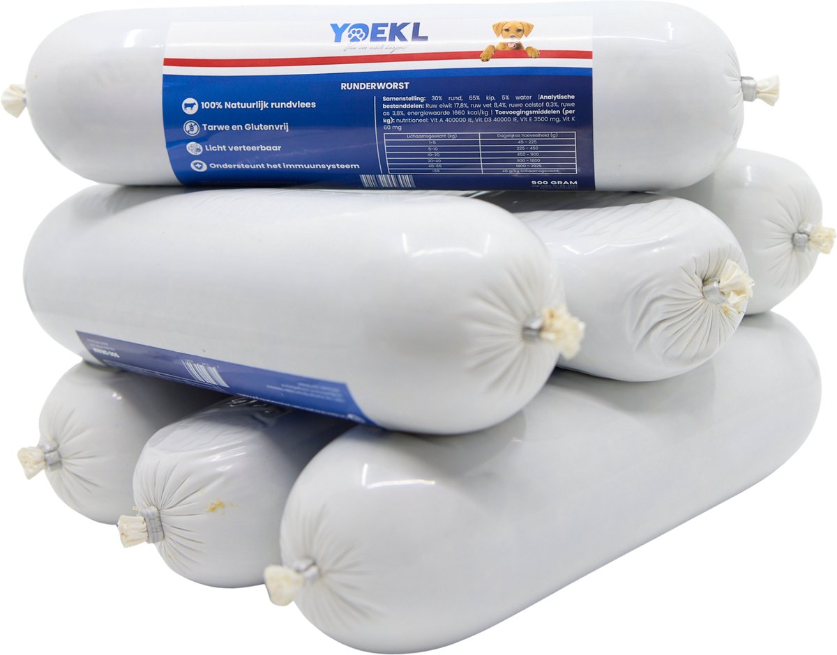 YOEKL Worsten Rund voor honden - Hondenvoer - 7x900 gram - Houdbaar - Natvoer Hond