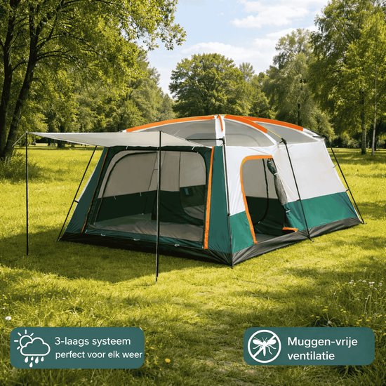 Groene 6-persoons tent in een bosrijke omgeving met zonlicht. 3-laags systeem, muggenvrij ventilerend.