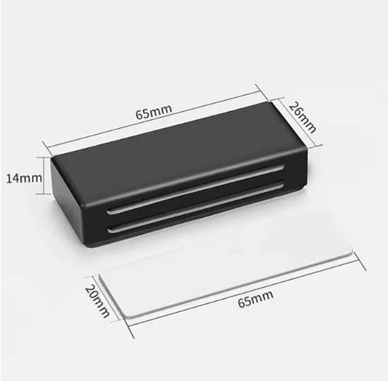 Zwarte magnetische sluiting van 6,5 cm met dubbele sleuven, met afmetingen aangegeven. Losse witte plakstrip van 6,5 cm.