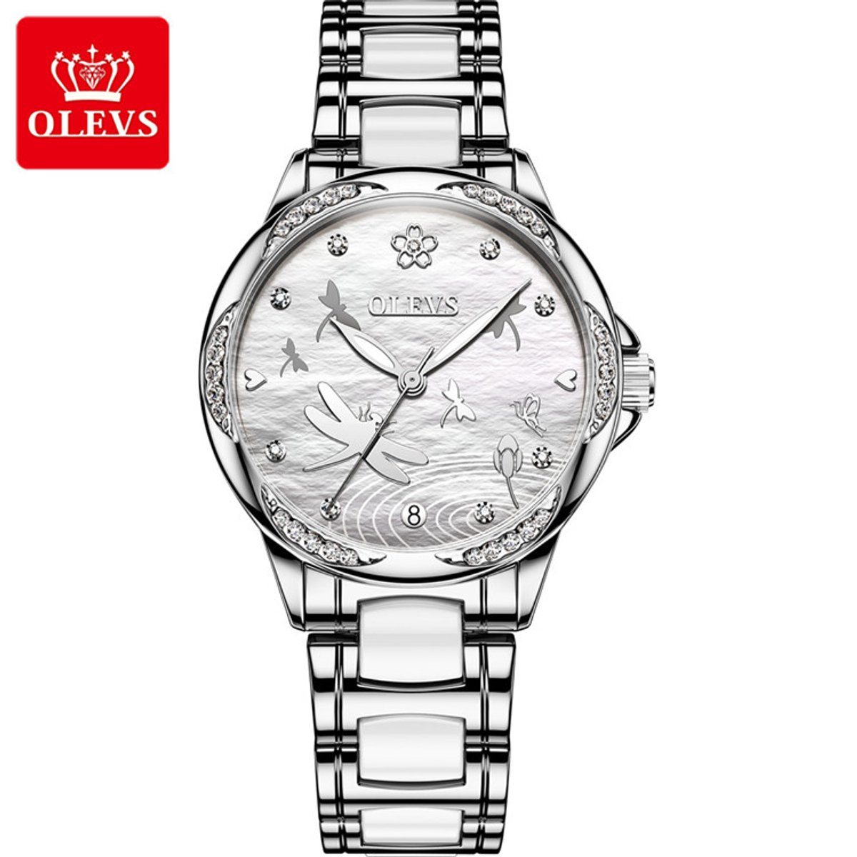 HO-6610.z : Olevs zilverwitte libelle tourbillon-mechanisch keramisch-edelstaal dames horloge, zilverwitte wijzerplaat, luminiscerend, kalenderdag, rhinestone