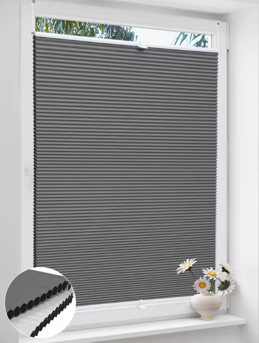 Verduisteringsrolgordijn Honingraat Zonder Boren – Thermisch Geïsoleerd Plisségordijn – Zonwering & Privacy – Grijs – 80 x 130 cm – Voor Raam & Deur