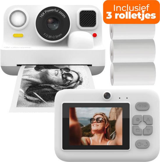 Denver Kindercamera Full HD met Printer – Selfie Camera – 48MP – Digitale Camera Kinderen – Bluetooth printer – Foto & Video – KPC1374BTW – Wit