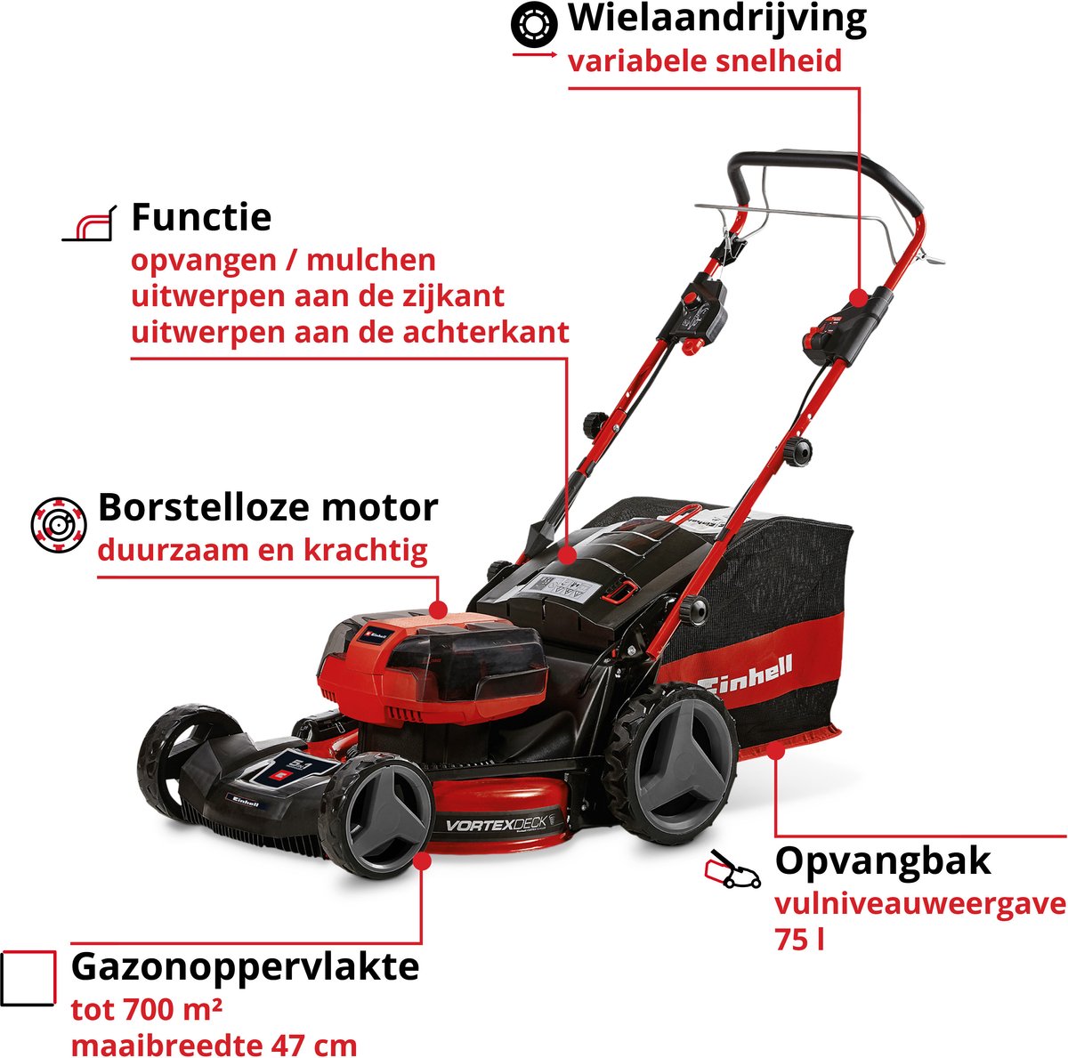 Einhell Professional Accu Grasmaaier GP-CM 36/47 S HW Li Kit - Power X-Change - 36 V/Li-ion - Maaibreedte: 47 cm - Aanbevolen gazonoppervlakte: tot 700 m² - Zelfrijdend - Mulching functie - Incl. 4x 4,0 Ah accu en 2x Twincharger – foto 2