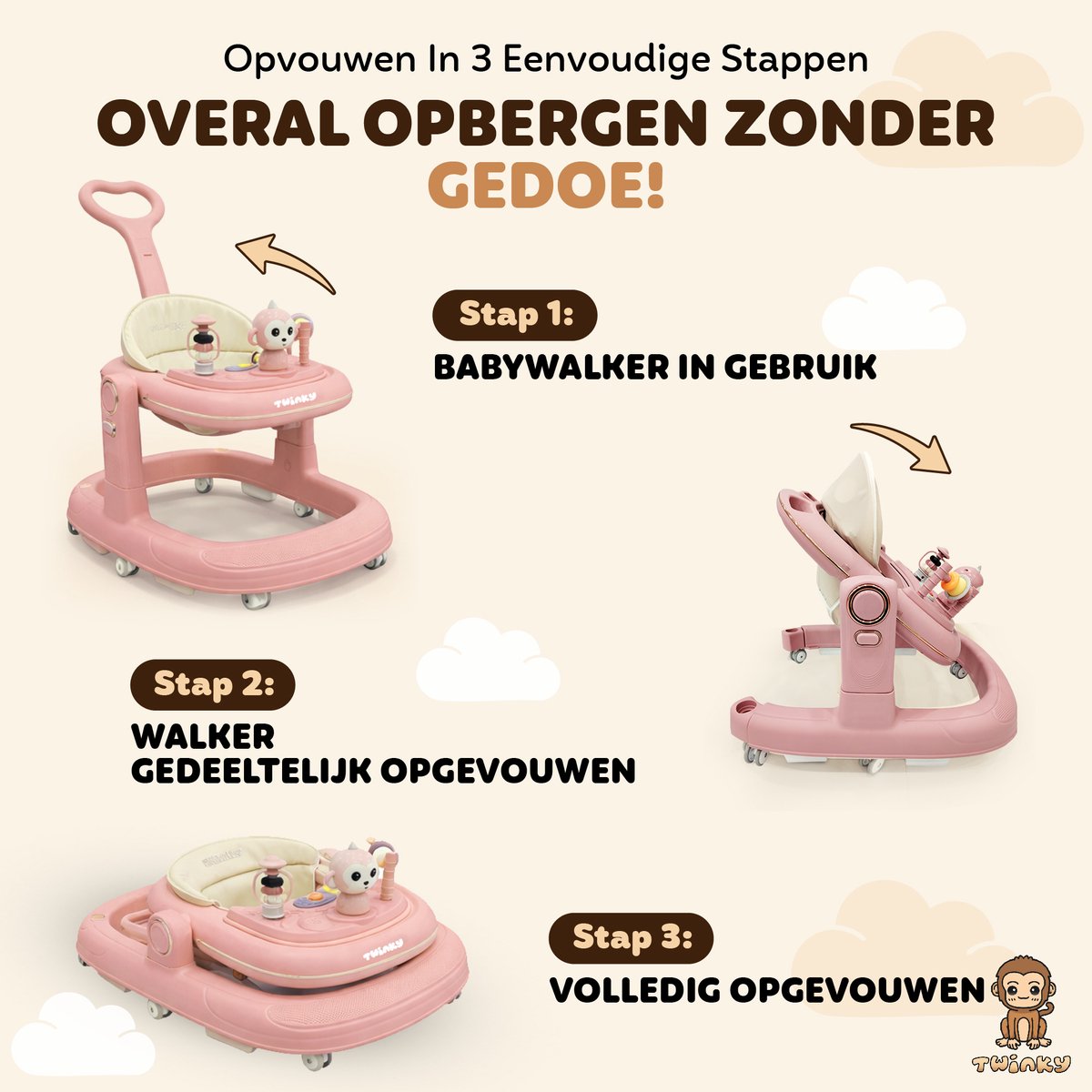 Twinky® Babywalker GO - 4-in-1 Loopstoel Baby & Loopwagen met 3-delige speelset – Loopstoeltje & Loopkar Inklapbaar inclusief Voetenmat en Steel – foto 3