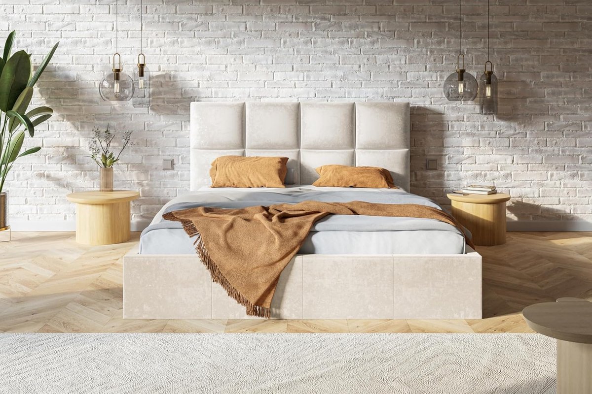 Gestoffeerd tweepersoonsbed 140x200 cm met opbergruimte en hoofdbord – Luxe velvet bedframe met houten lattenbodem en bedlade – Modern design – Beige – Urbanhome