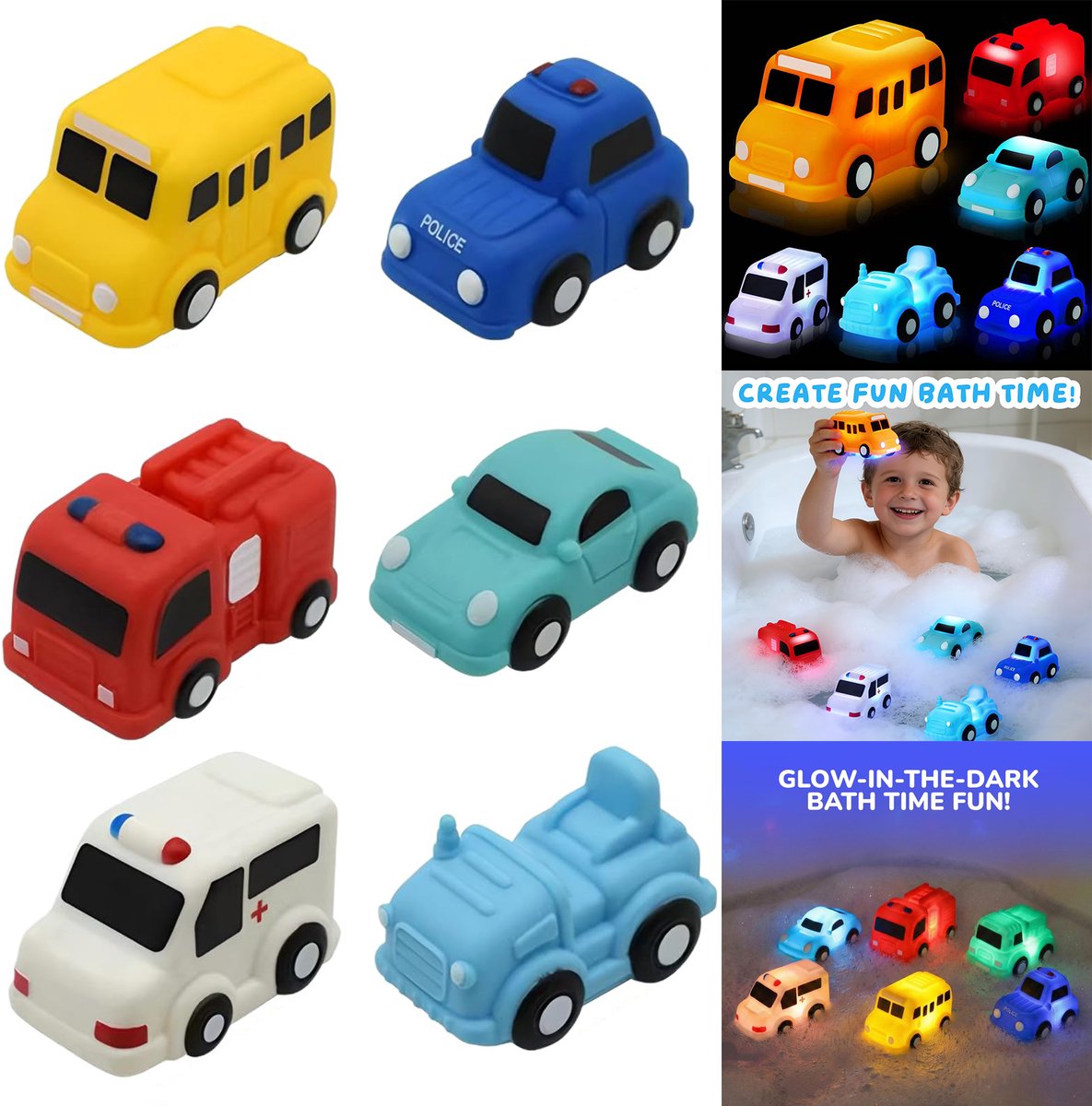 Badspeelgoed Auto's met LED-verlichting - 6 Stuks Zonder Gaten (Schimmelvrij) - Lichtgevend Waterspeelgoed voor Kinderen van 1-3 Jaar - Sensorisch Speelgoed voor Baby en Peuter - Educatief Bad Speelgoed