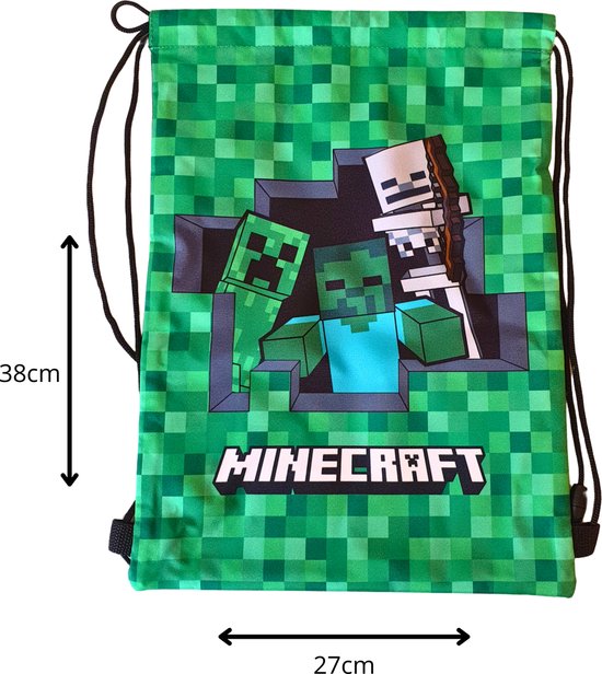 Groene Minecraft gymtas met Creeper, zombie en skelet, 38cm hoog en 27cm breed.