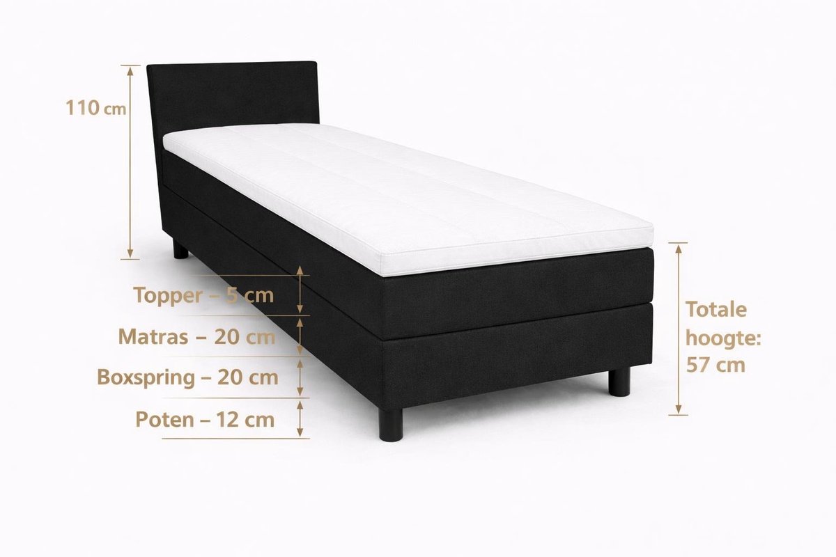 Boxspring Ayla Royal - 90x210 Compleet - Zwart Glad - Ayla Matrassen - 1 persoons